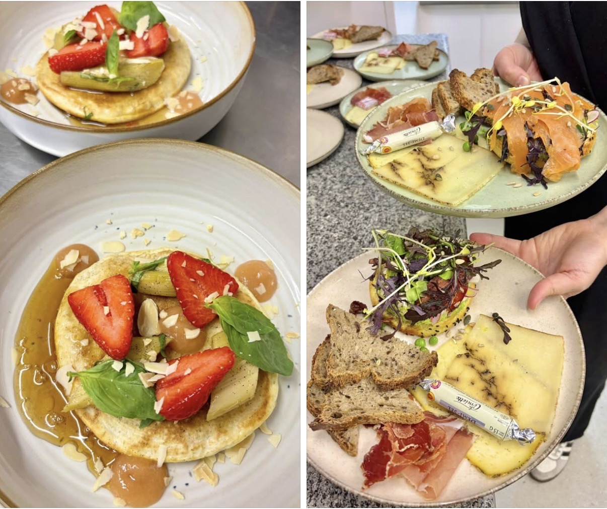 Brunch Mocha Blanc — pancakes aux fraises et assiette charcuterie fromage